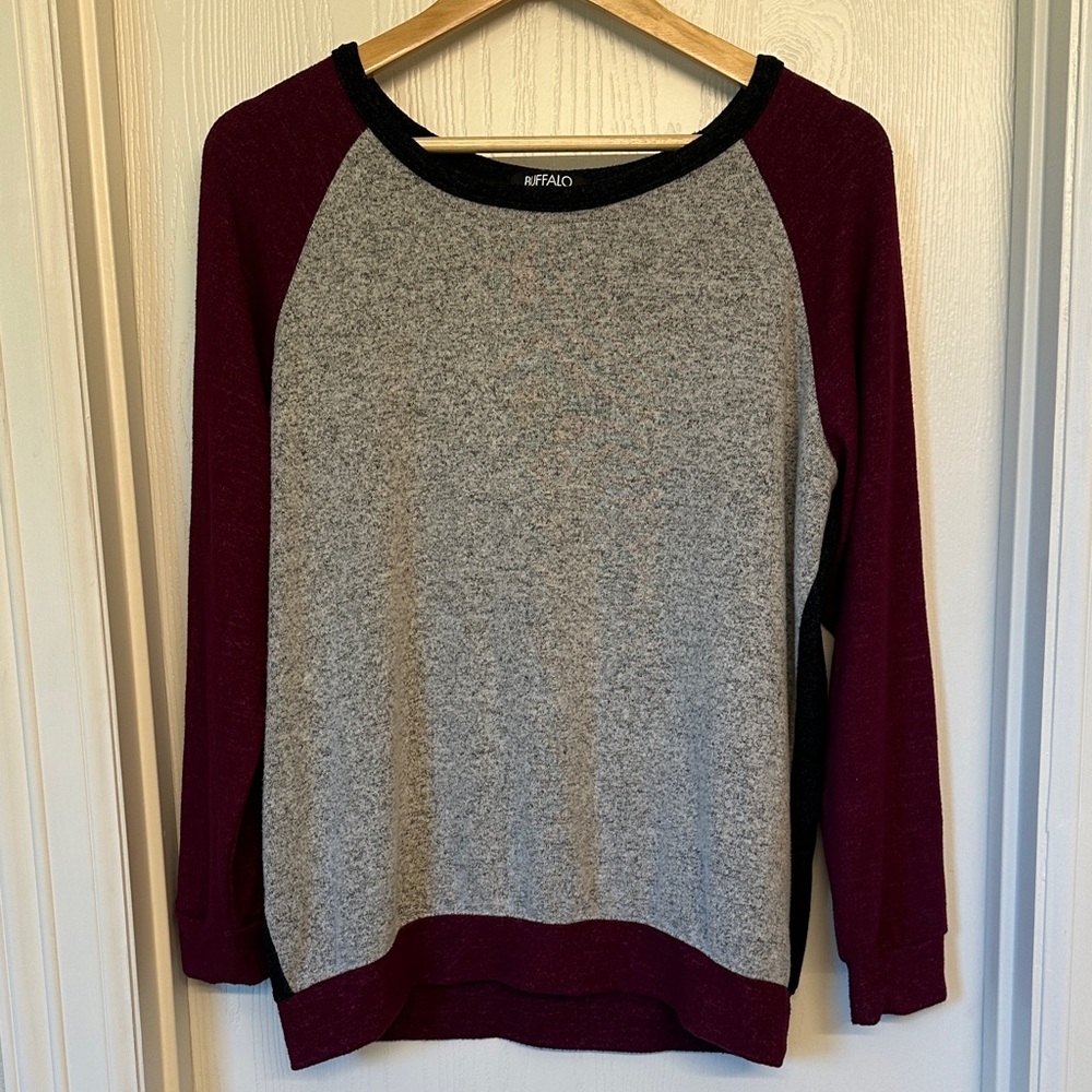 Buffalo David Bitton Burgundy and Gray Crew Neck Sweater